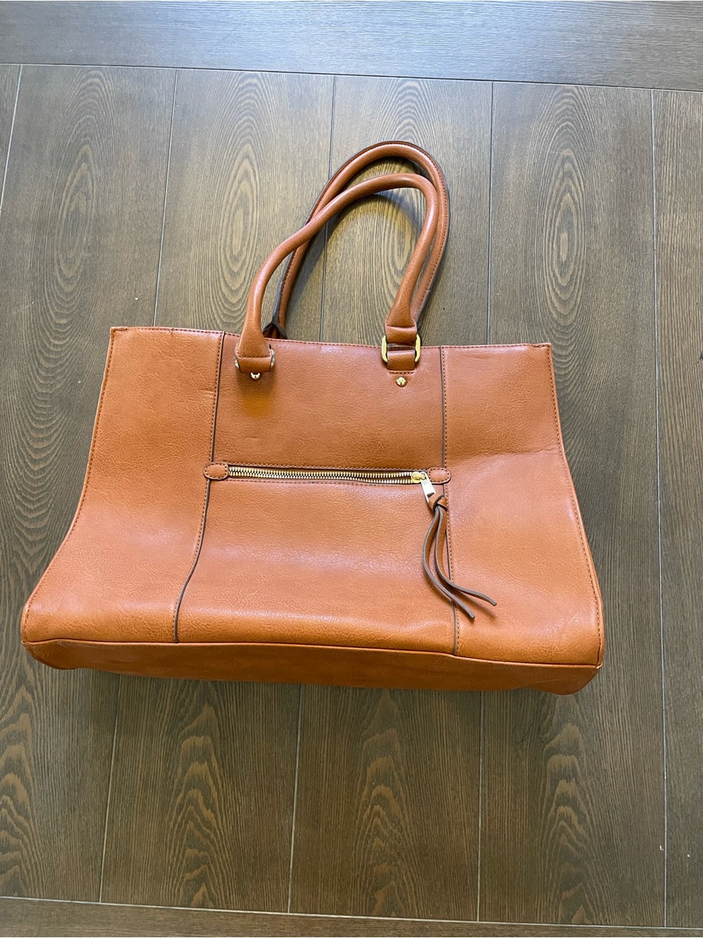 Merona Cognac Brown Structured Tote with Front Zip Pocket